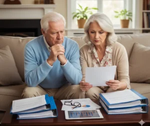 A pensioner couple considering their pension options sitting on a sofa and checking documents.